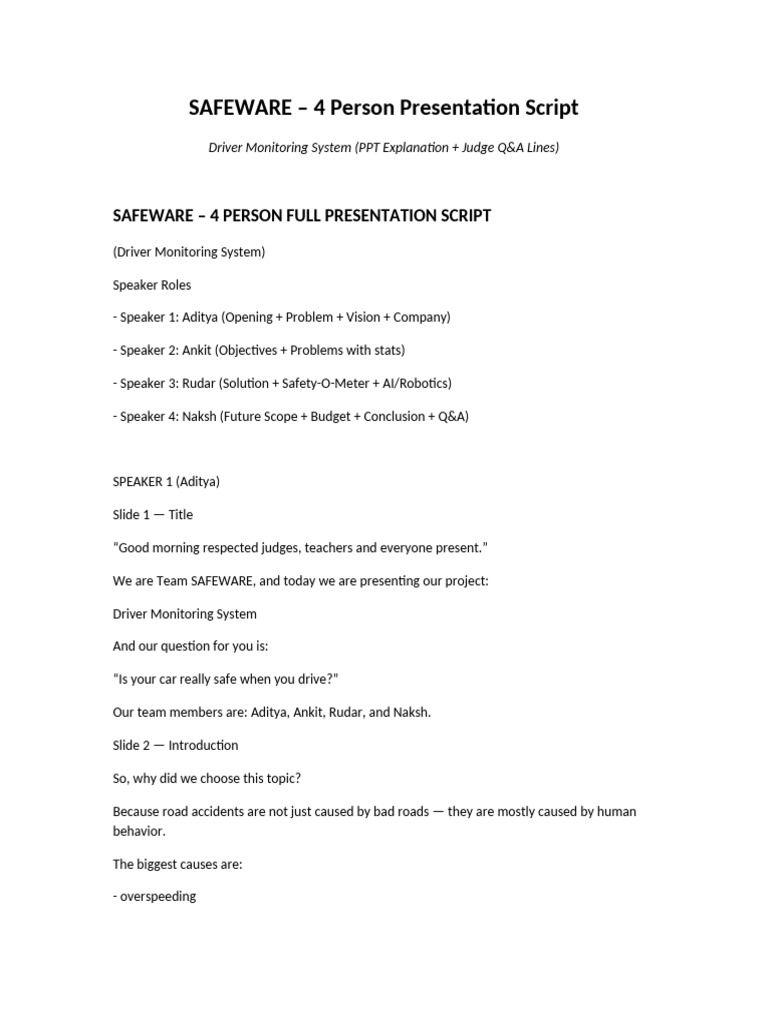 SAFEWARE 4 Person Presentation Script | PDF | Artificial Intelligence ...