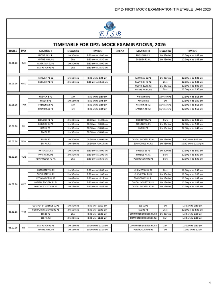 DP 2 - First Mock Examination Timetable - Jan 2026 - DP 2 - First Mock ...