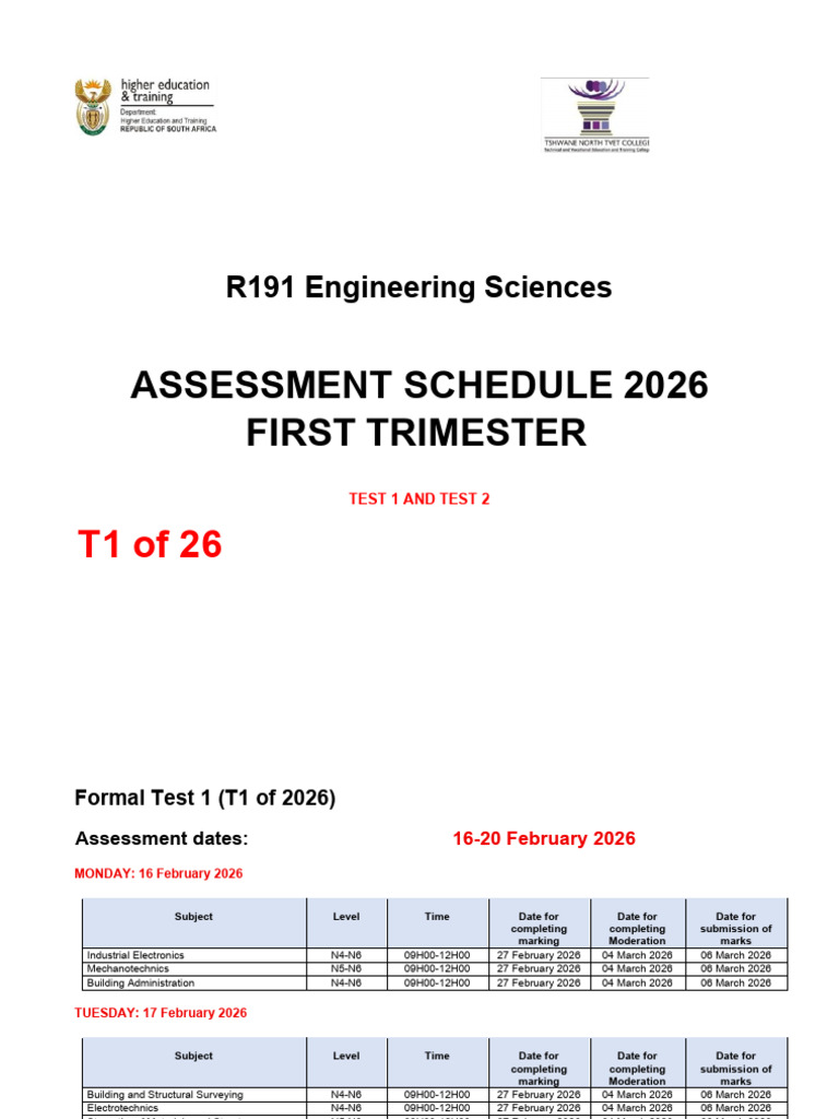 Assessment Schedule For T1 of 2026 - R191 Engineering Studies | PDF ...