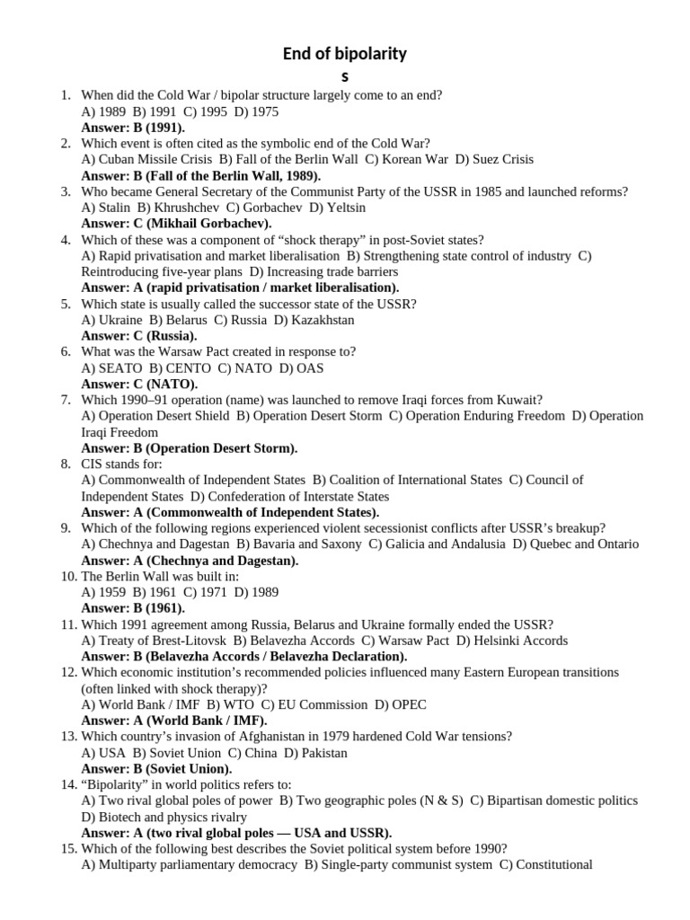 End of Bipolarity MCQ Based PDF | PDF | Soviet Union | World Politics