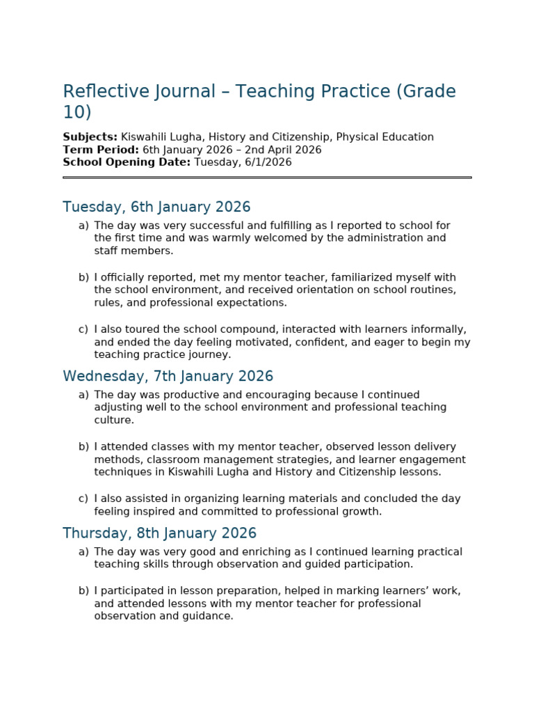 Reflective Journal Teaching Practice Grade10 2026 | PDF | Mentorship ...