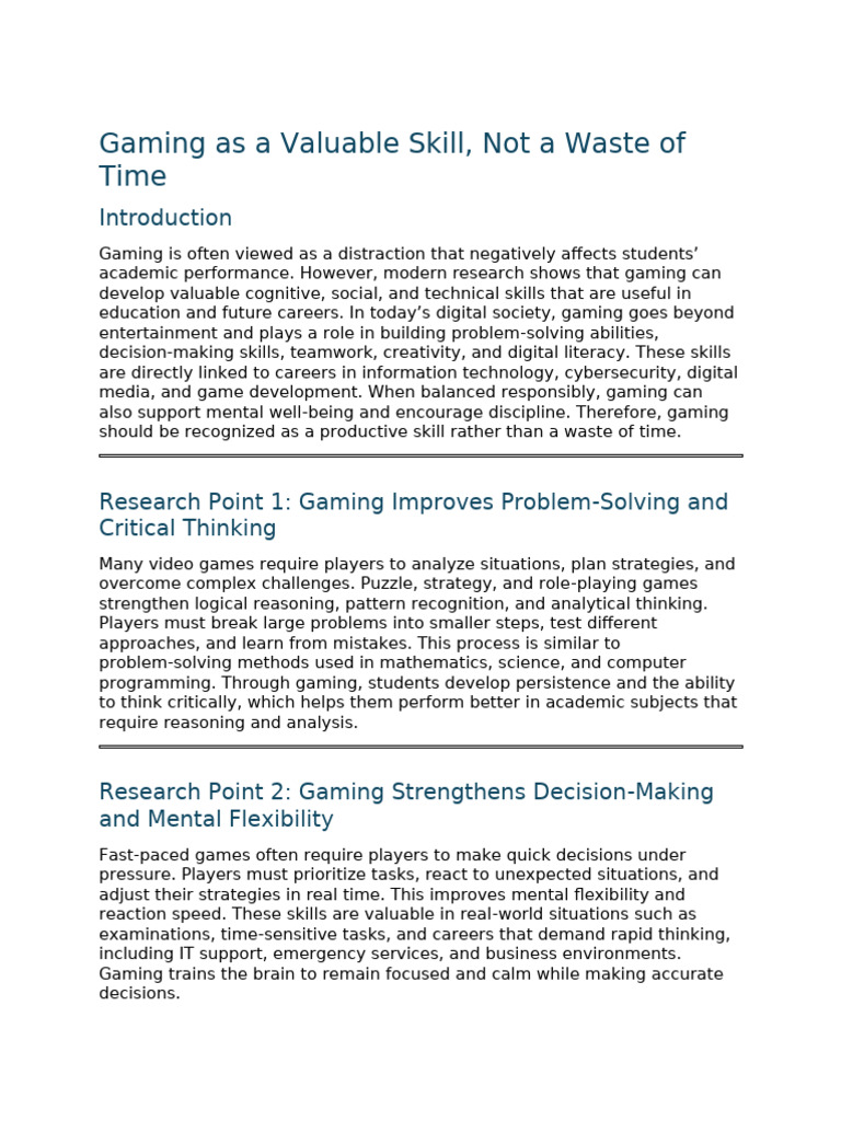 Gaming As A Valuable Skill - Research Document | PDF | Critical ...