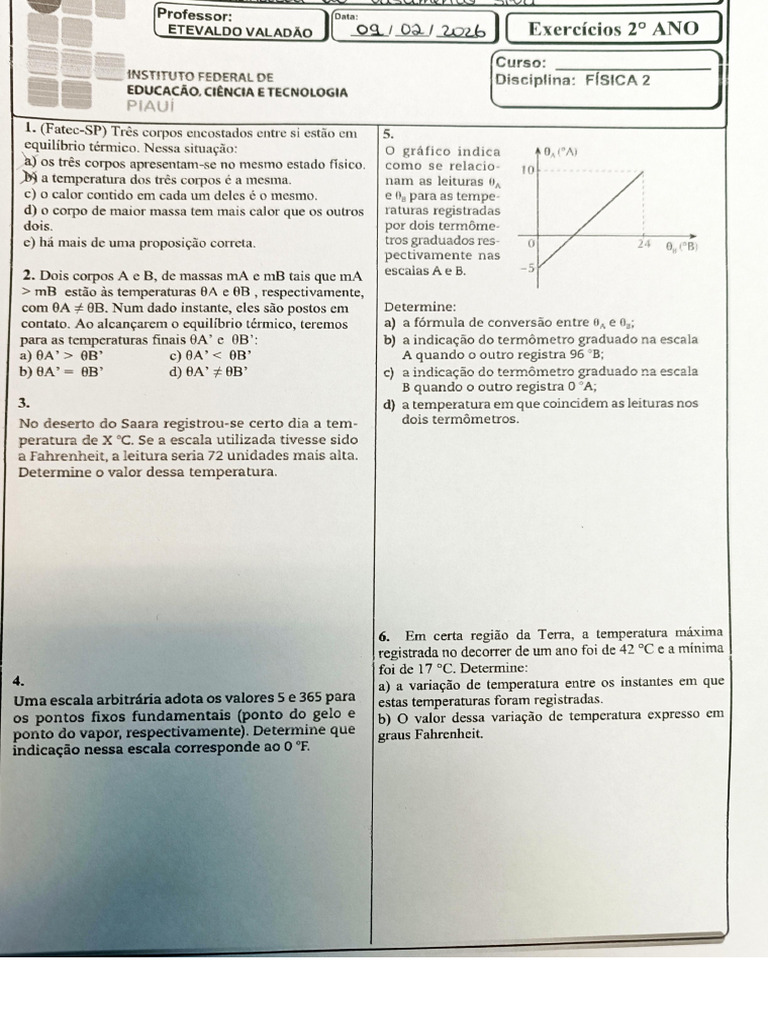 Atividade de Física II 09.02.26 | PDF | Temperatura | Termodinâmica