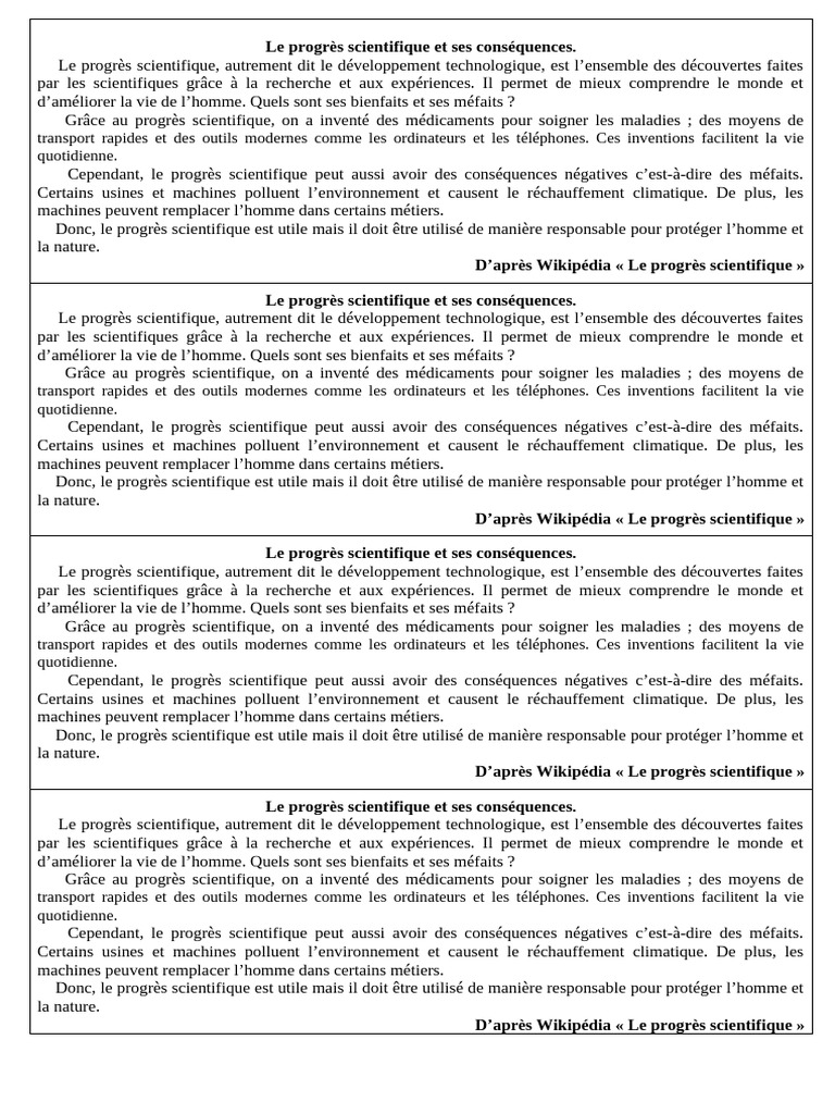 Le Progrès Scientifique Et Ses Conséquences CE | PDF
