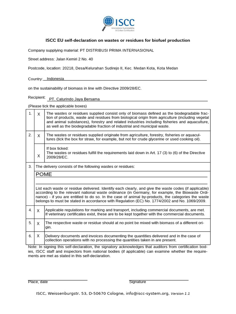 ISCC EU Self Declaration | PDF | Waste | Economy And The Environment
