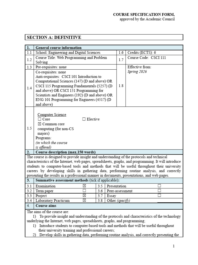 Syllabus CSCI 111 2026 Spring | PDF | Html | World Wide Web