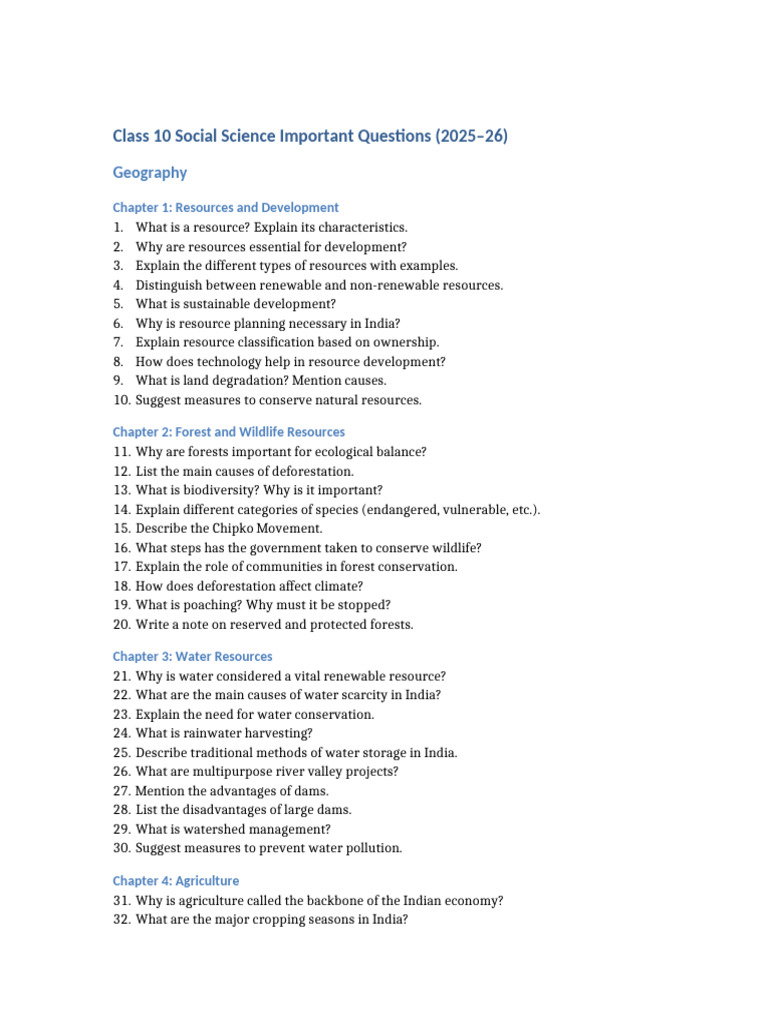 Class 10 SST Important Questions 2025 26 | PDF | Agriculture ...