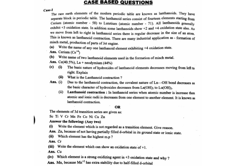 D & F Block Elements Case Based Questions PYQs | PDF