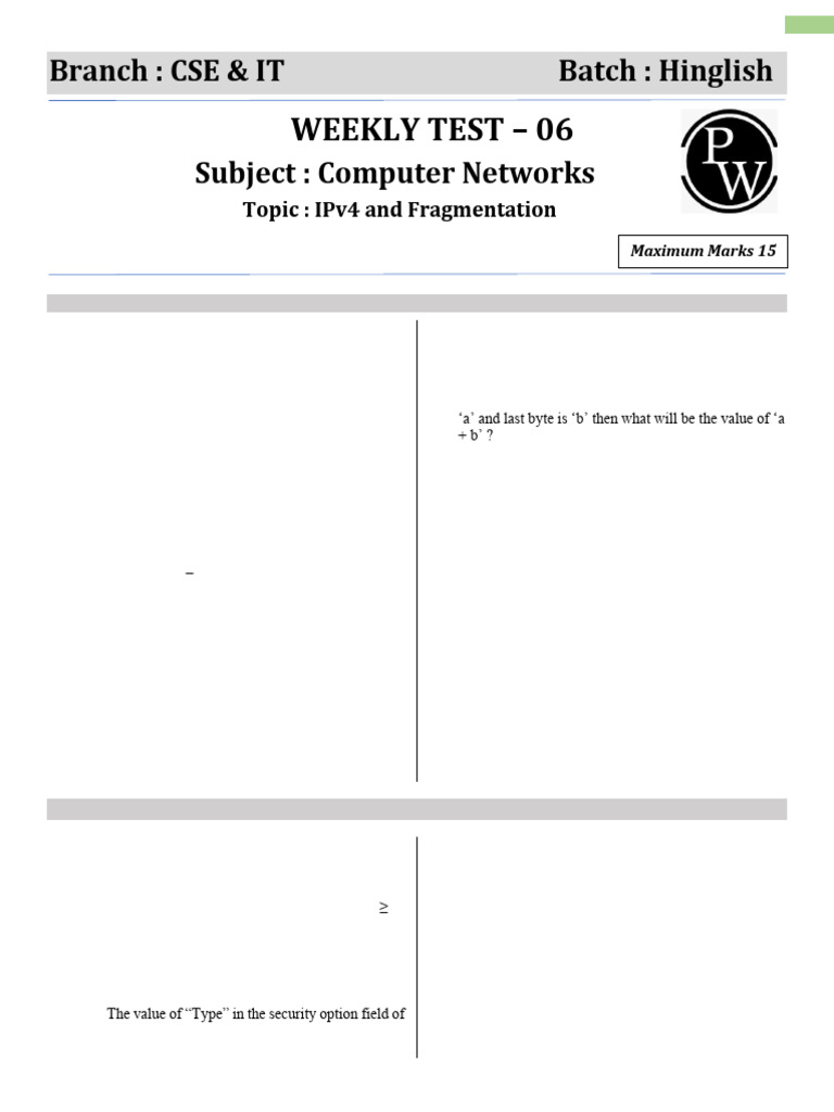 Computer Network _ Weekly Test 06 - Test Paper | PDF | Internet ...