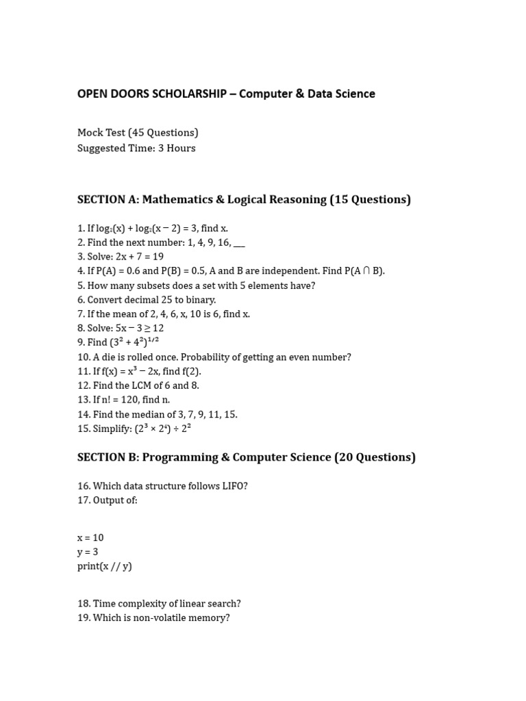 Open Doors Computer Data Science Mock Test | PDF