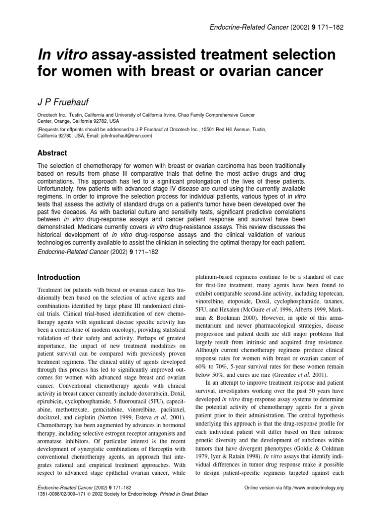 In Vitro Assay Assisted Treatment in Breast or Ovarian Cancer | PDF