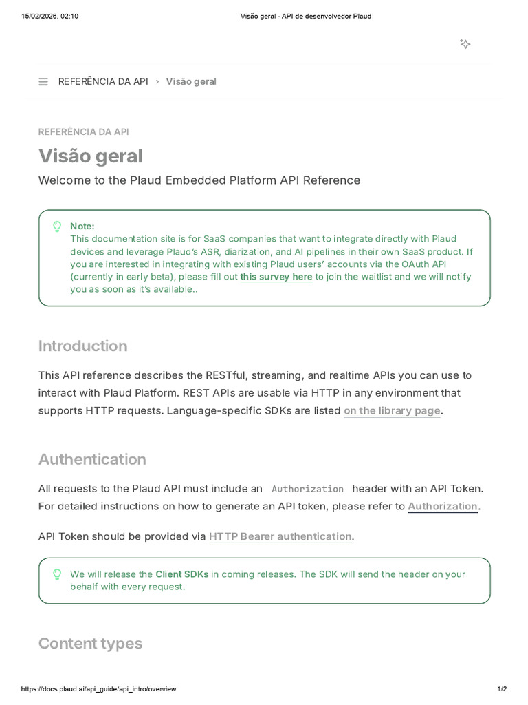 Visão Geral - API de Desenvolvedor Plaud | PDF