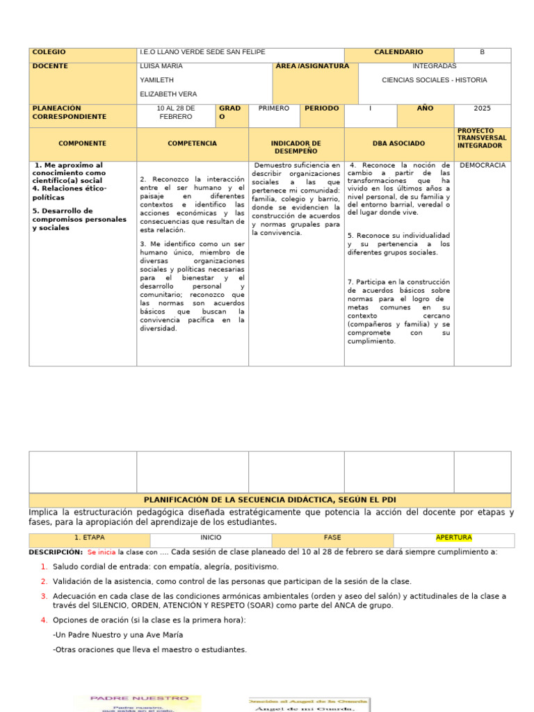 Plan de Aula Febrero 1° Sociales 2025 | PDF | Aprendizaje | Maestros