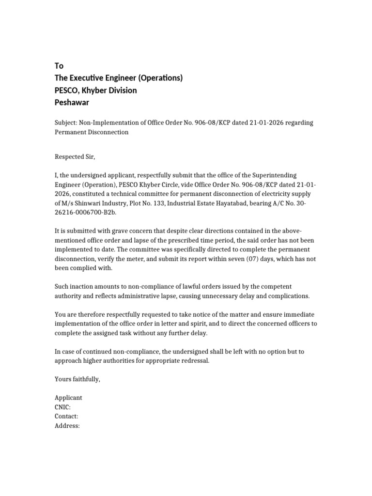 Letter to Executive Engineer PESCO | PDF