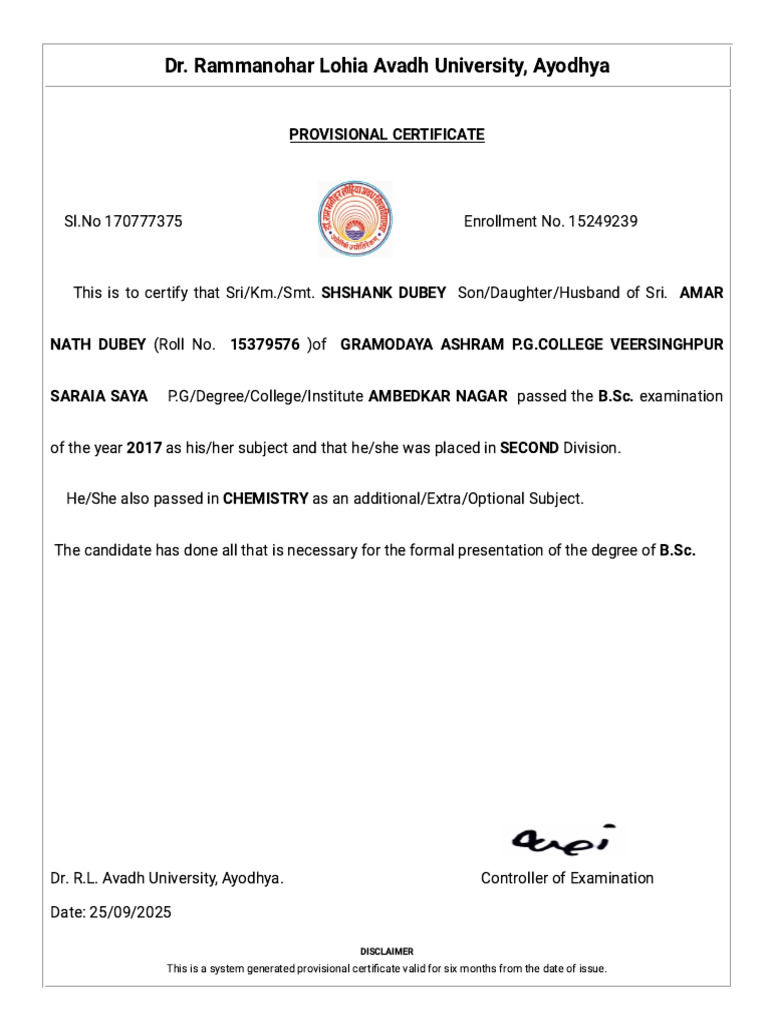 Dr. Rammanohar Lohia Avadh University, Ayodhya: Provisional Certificate ...