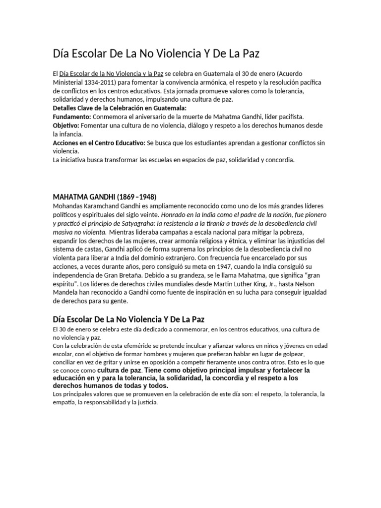Día Escolar de La No Violencia Y de La Paz | PDF | Mahatma Gandhi | Paz