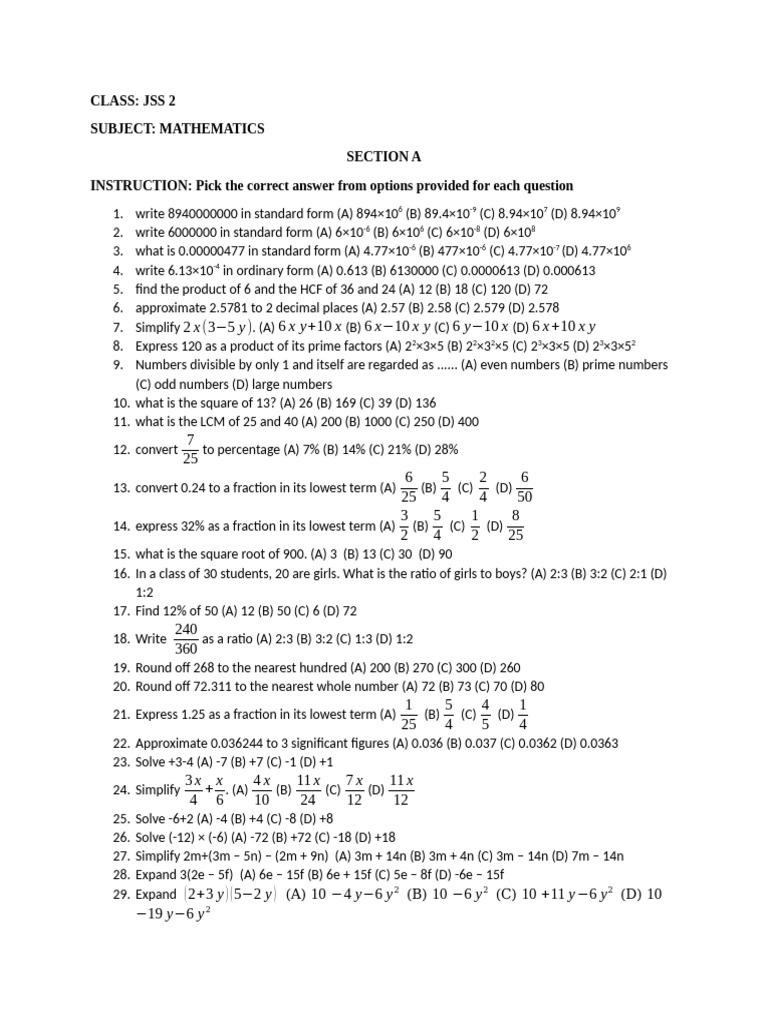 EXAM JSS 2 MATHS 1st Term 2025-26 | PDF | Significant Figures | Numbers