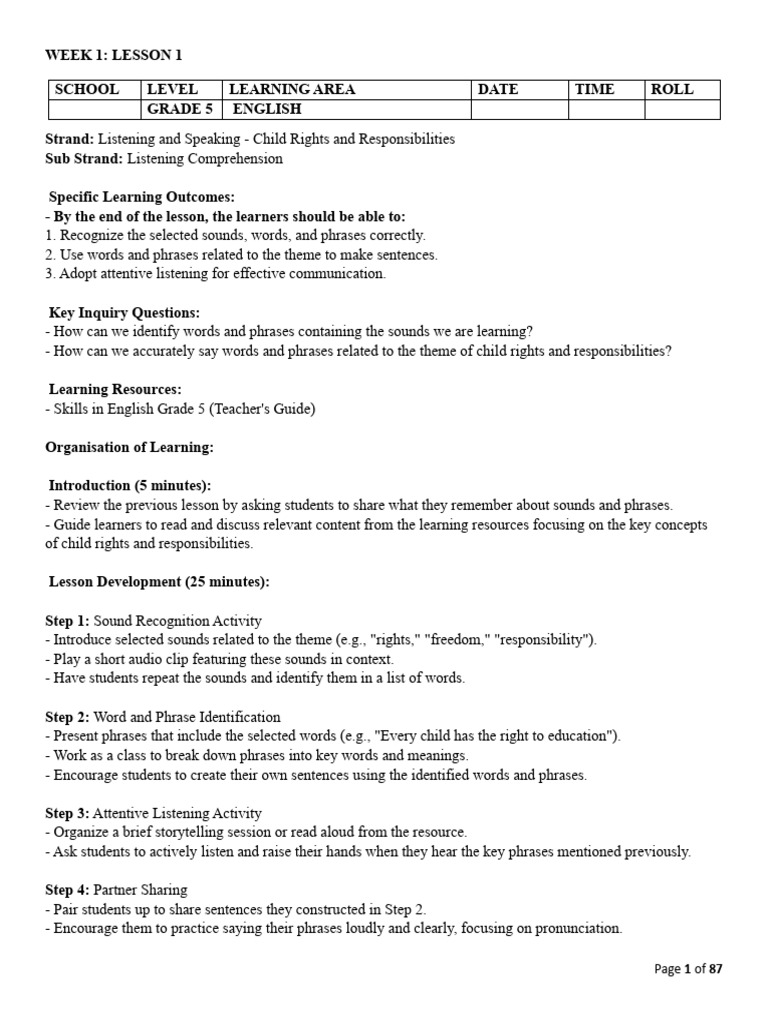 Grade 5 English Term I 2026 Lesson Plans PDF 1767594683011 | PDF ...