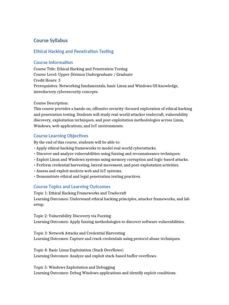 Ethical Hacking and Penetration Testing Syllabus | PDF