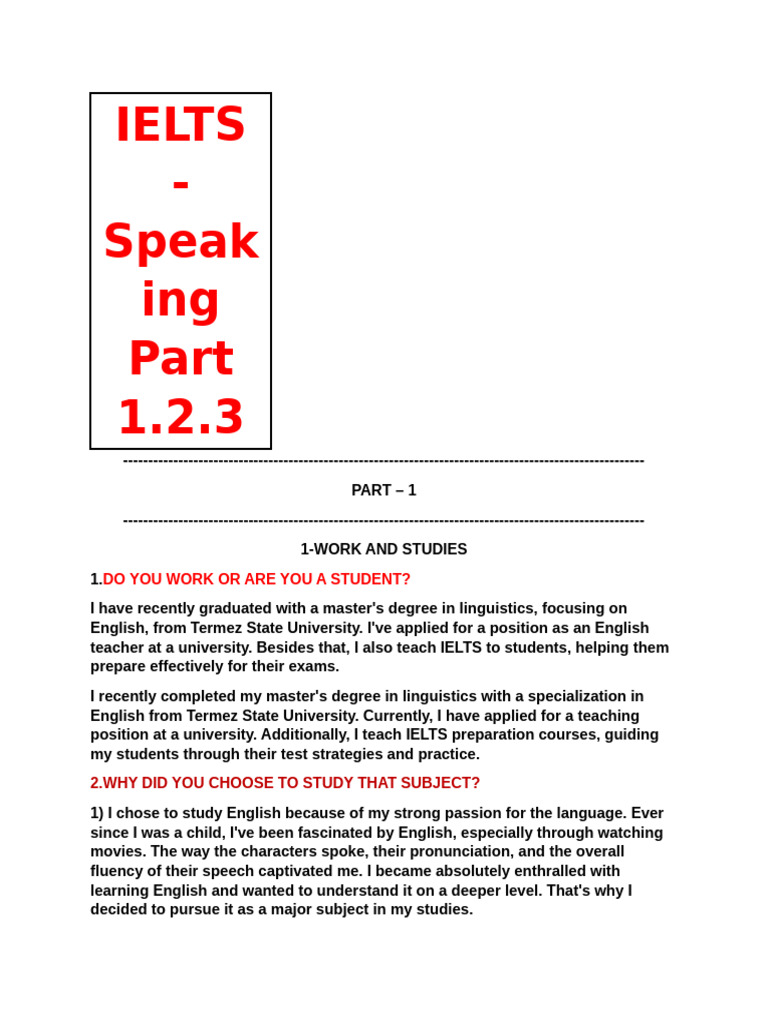 Part 1 Speaking Samples | PDF | Rain | Teachers