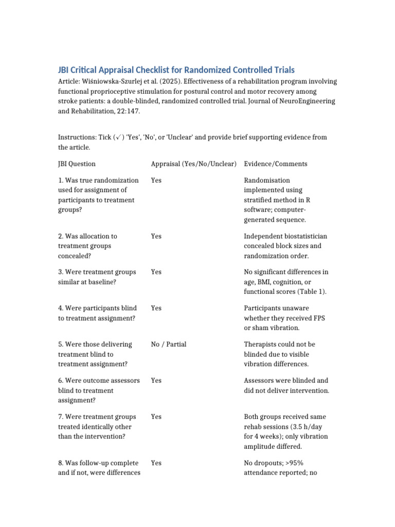 JBI Checklist Wisniowska Szurlej 2025 | PDF | Randomized Controlled ...