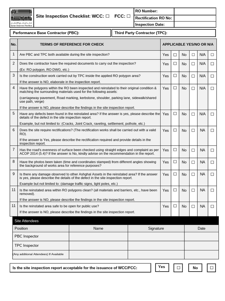 WCC-FCC Site Inspection Checklist | PDF | Road | Transport