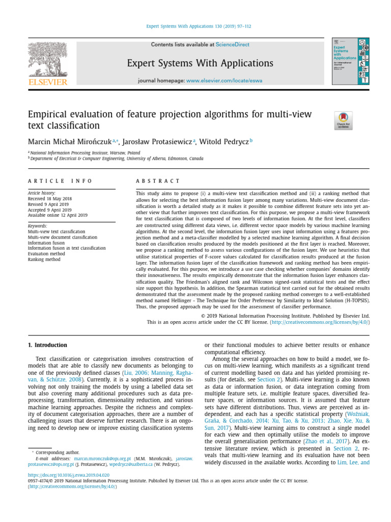 Empirical Evaluation of Feature Projection Algorithm 2019 Expert ...