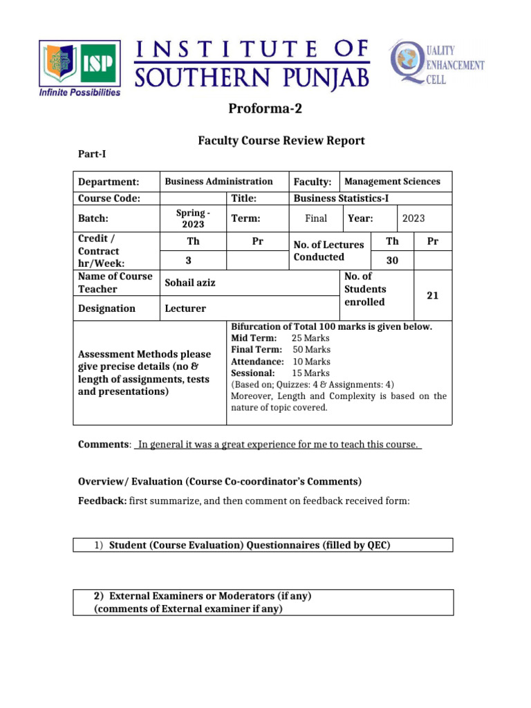 Business Statistics ADPBA Faculty Course Review Report | PDF ...