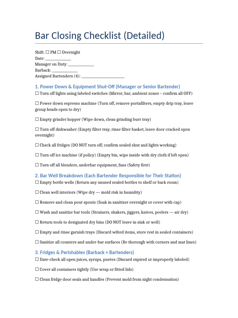Bar Closing Checklist Detailed | PDF