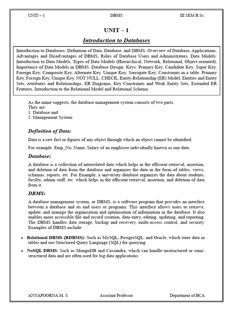 Unit - 1 | PDF | Databases | Relational Database