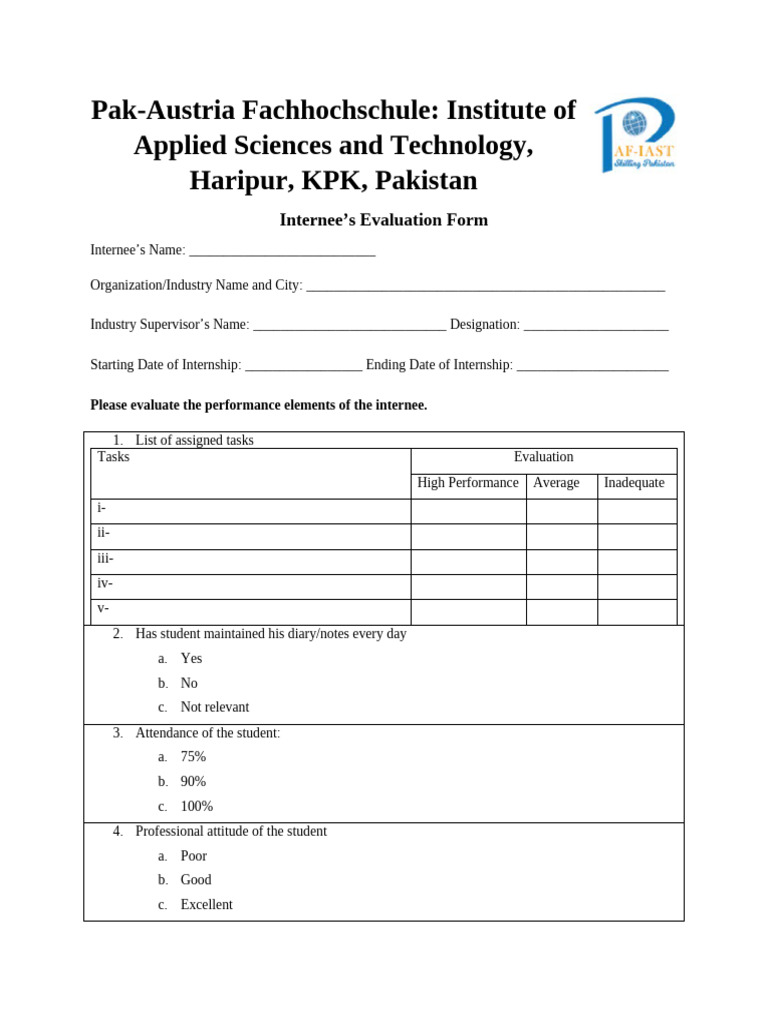 Internee Evaluation Form-1 | PDF