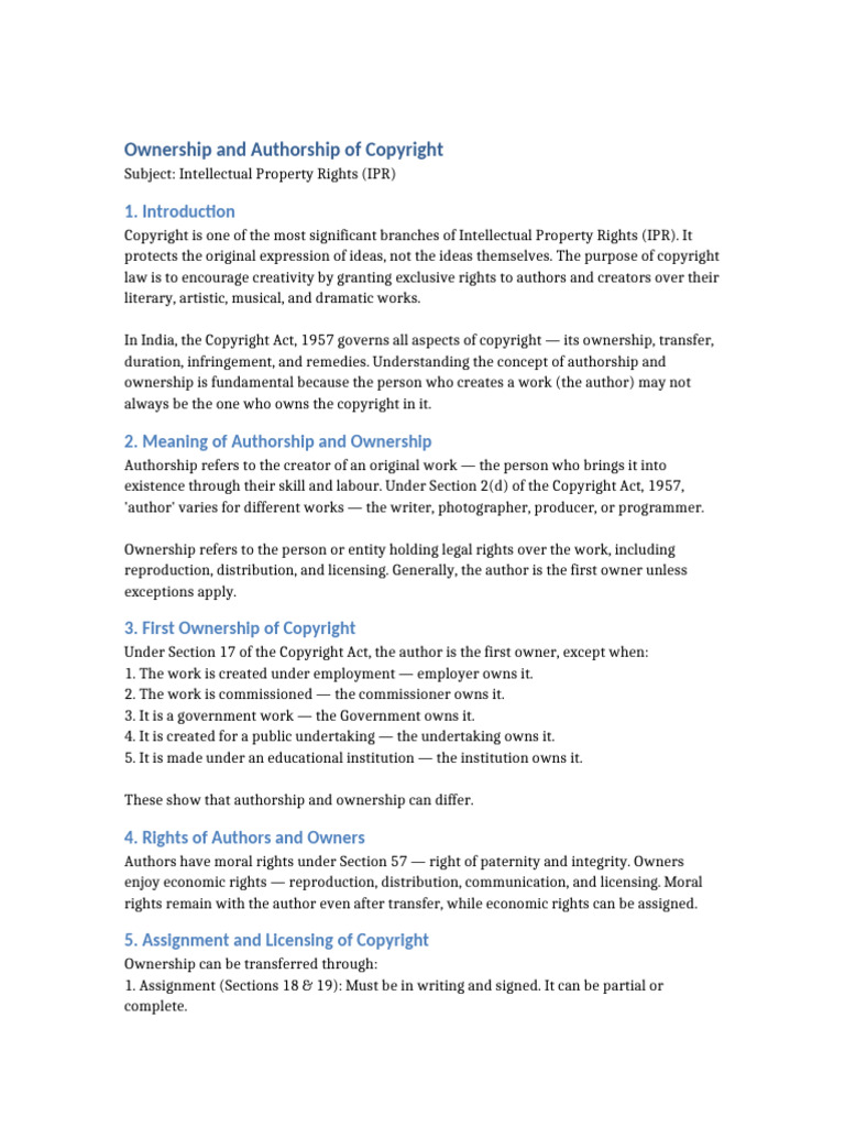 Ownership and Authorship of Copyright Assignment | PDF | Copyright ...