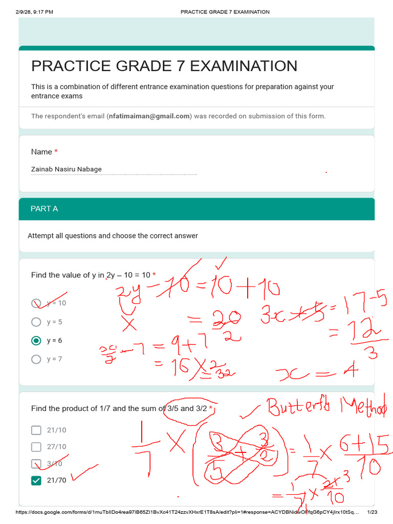 Practice Grade 7 Entrance Examination - Google Forms | PDF | Area ...