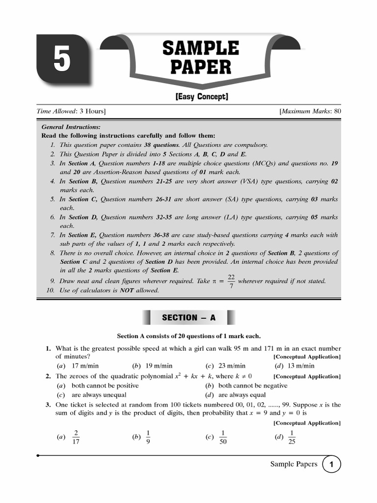 Cbse cl10 Ead Mathematics 2026 Edition Easy Paper 5 | PDF