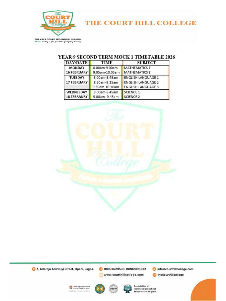 Year 9 Second Term Midterm Assessment Timetable 2026 | PDF