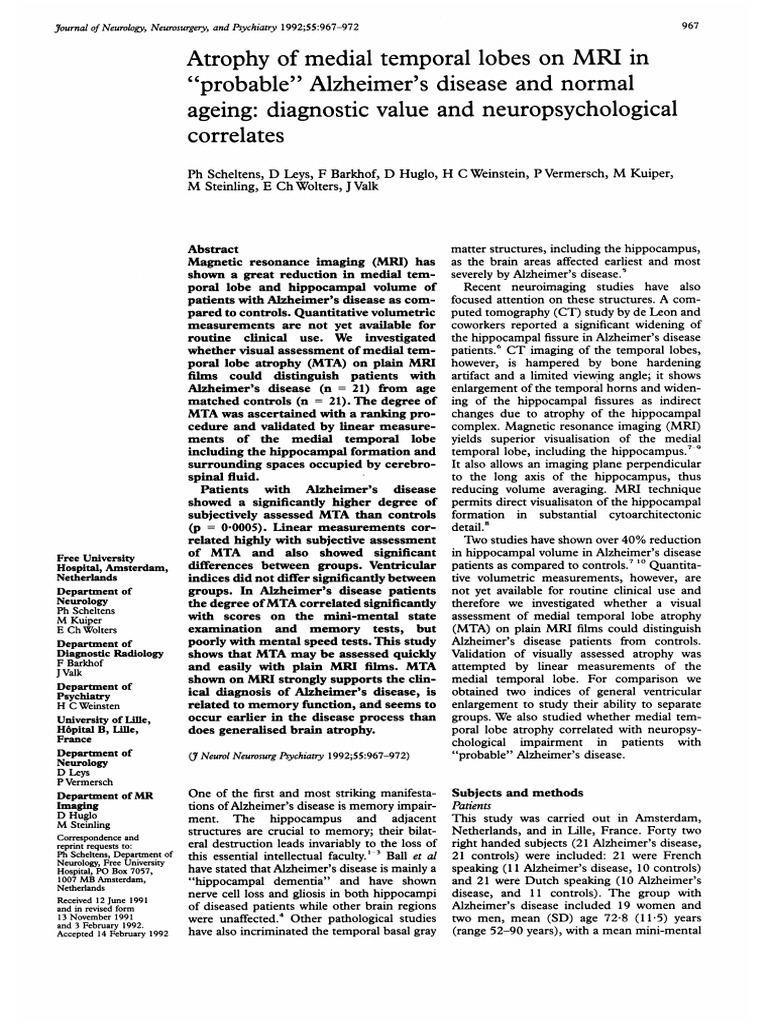 Atrophy of Medial Temporal Lobes On MRIin Probable Alzheimer's Disease ...