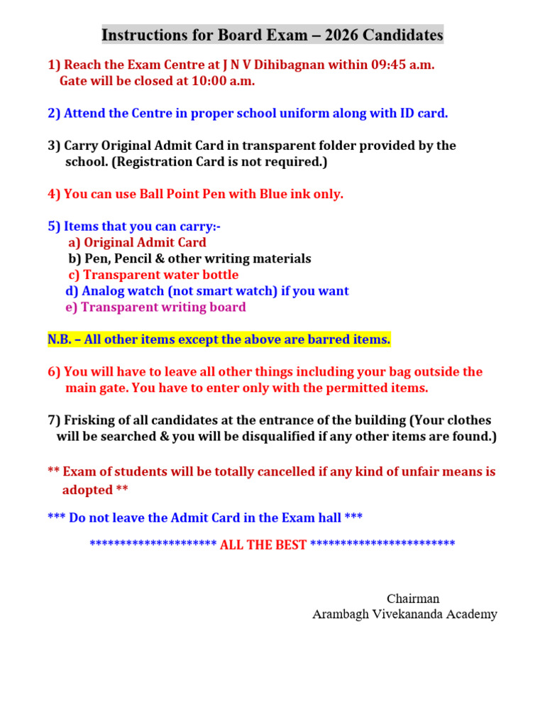 Instructions For Board Exam 2026 | PDF