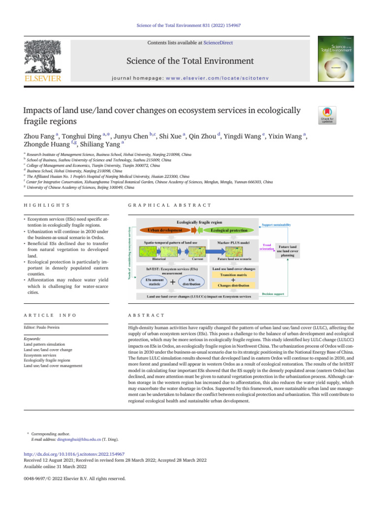 Impacts of land use change on ecosystemes services in fragil ecosystems ...