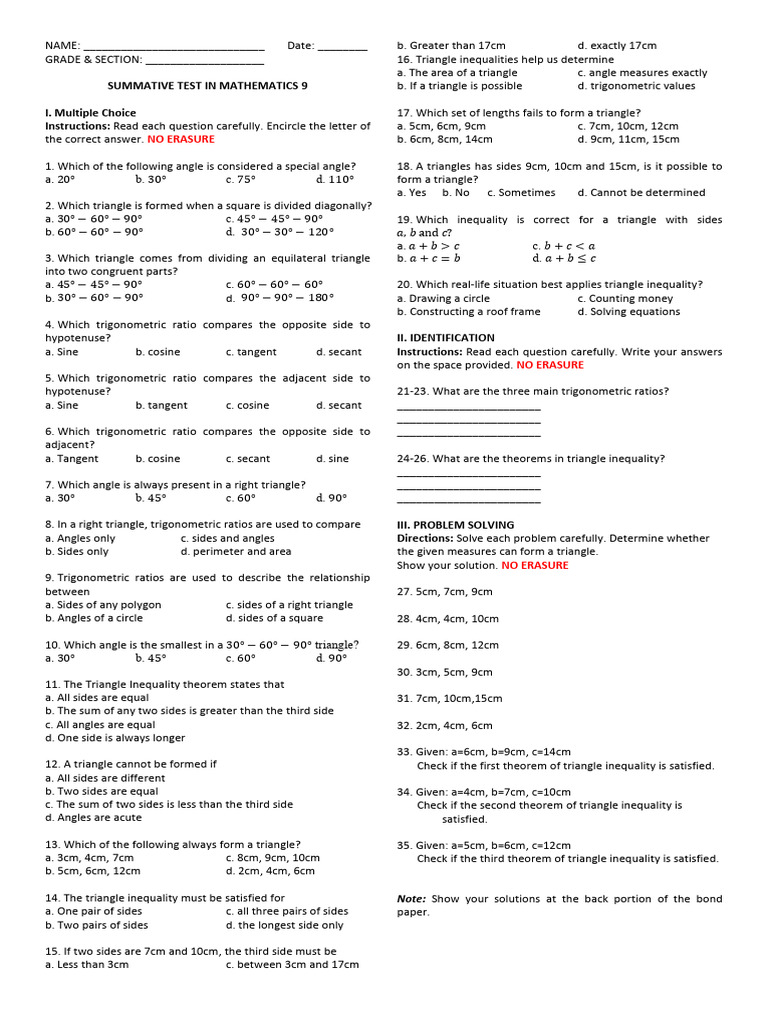 SPS - Summative Test - Grade 9 Mathematics | PDF | Trigonometry ...
