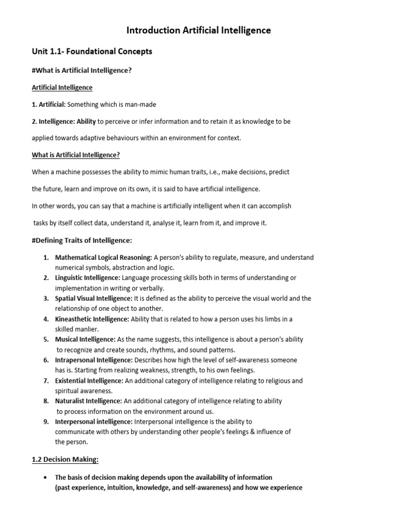 Introduction Artificial Intelligence 1.1 Chapter Class X | PDF ...