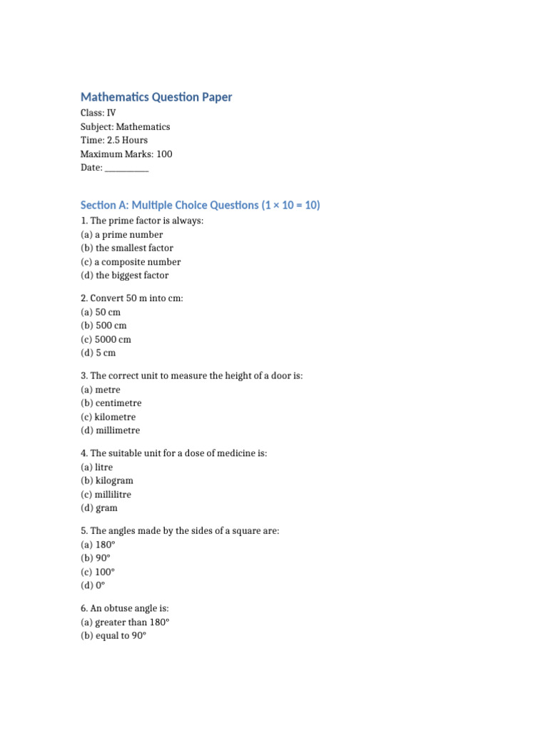 Class 4 Maths Question Paper | PDF