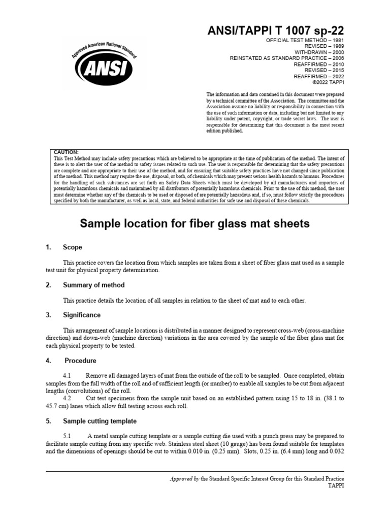 T 1007 Sp-22 Sample Location For Fiber Glass Mat Sheets | PDF