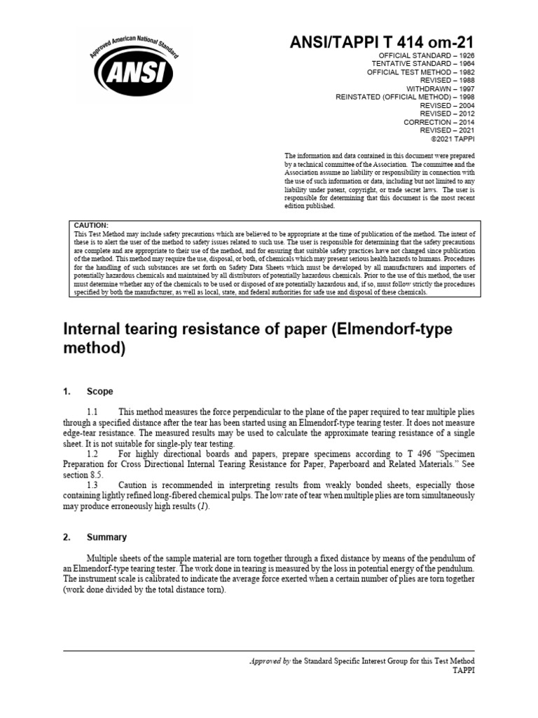 T 414 Om-21 Internal Tearing Resistance of Paper (Elmendorf-Type Method ...