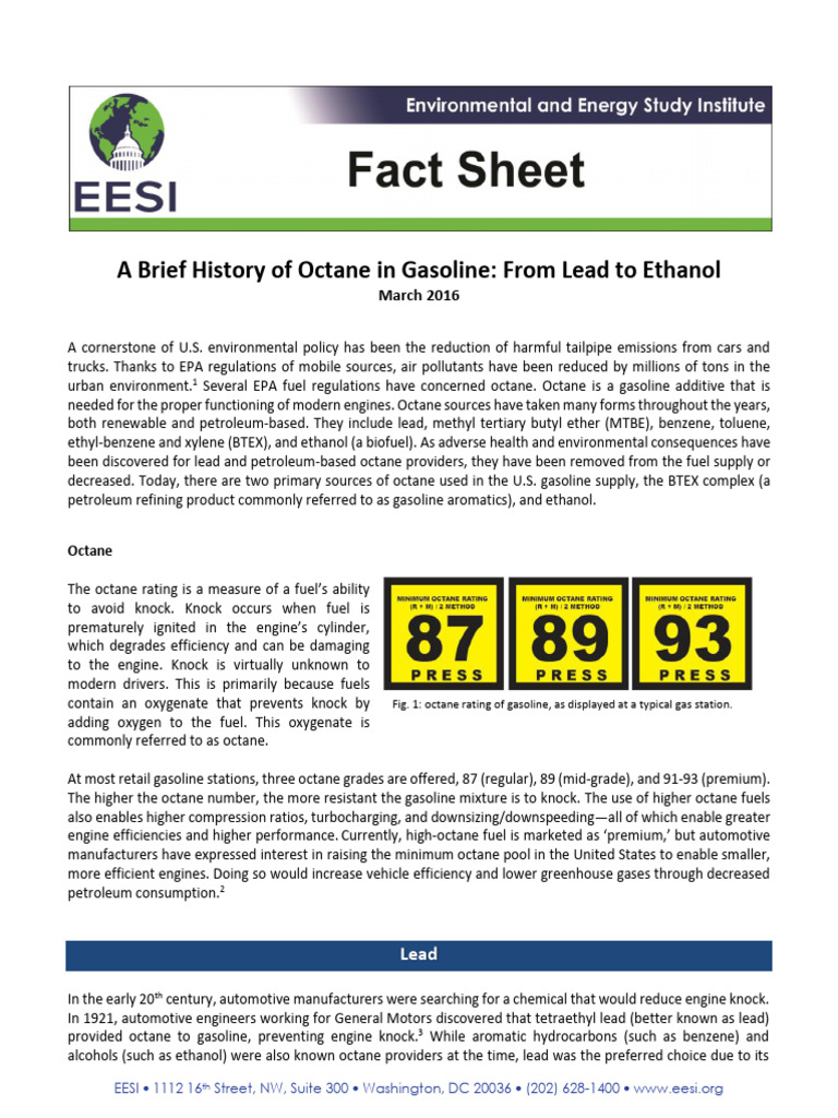 FactSheet Octane History 2016 | PDF | Gasoline | Renewable Fuels