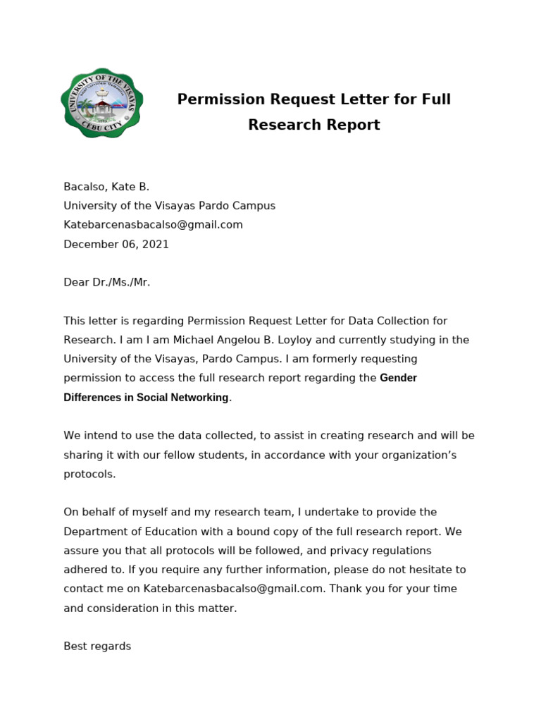 Permission Request Letter For Full Research Report | PDF