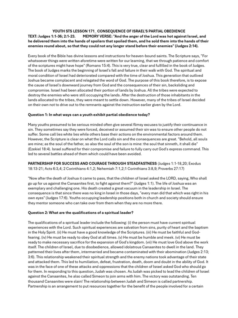 Youth Sts Lesson 171 Consequence of Israel's Partial Obedience | PDF ...