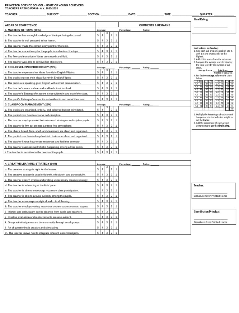 Teachers Evaluation Form | PDF
