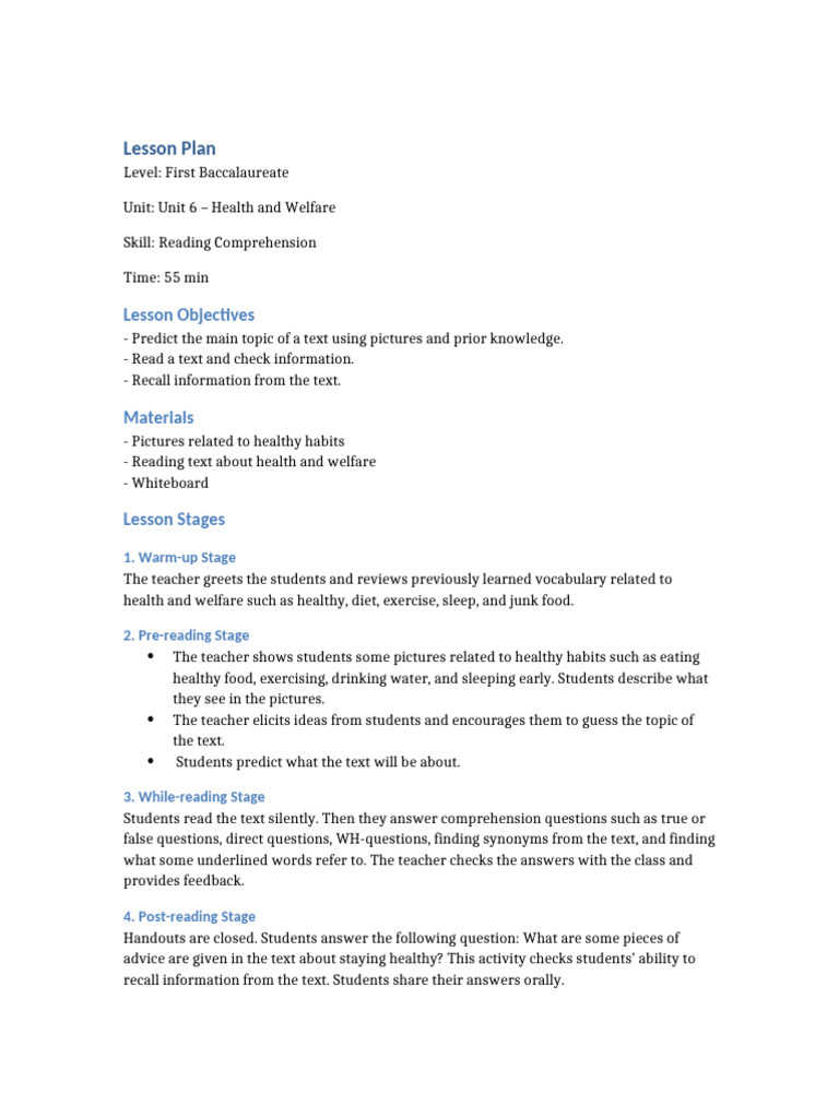 Reading Comprehension Lesson Plan Unit 6-1 | PDF