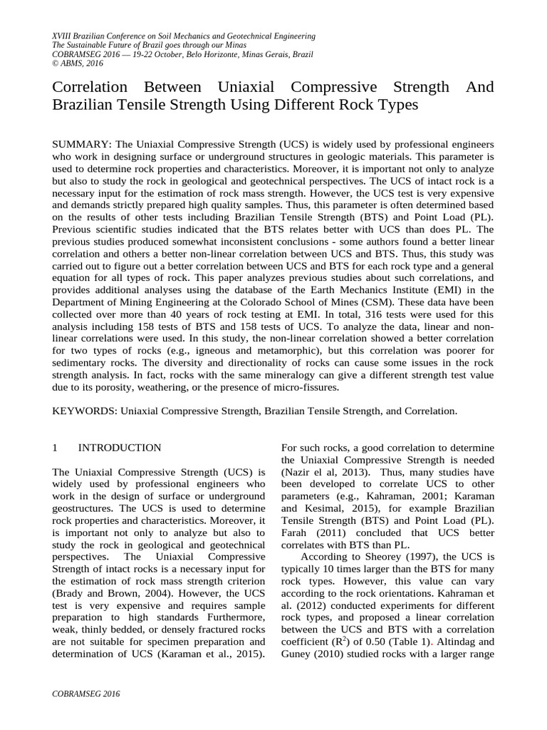 Correlation Between Uniaxial Compressive Strength and Brazilian Tensile ...