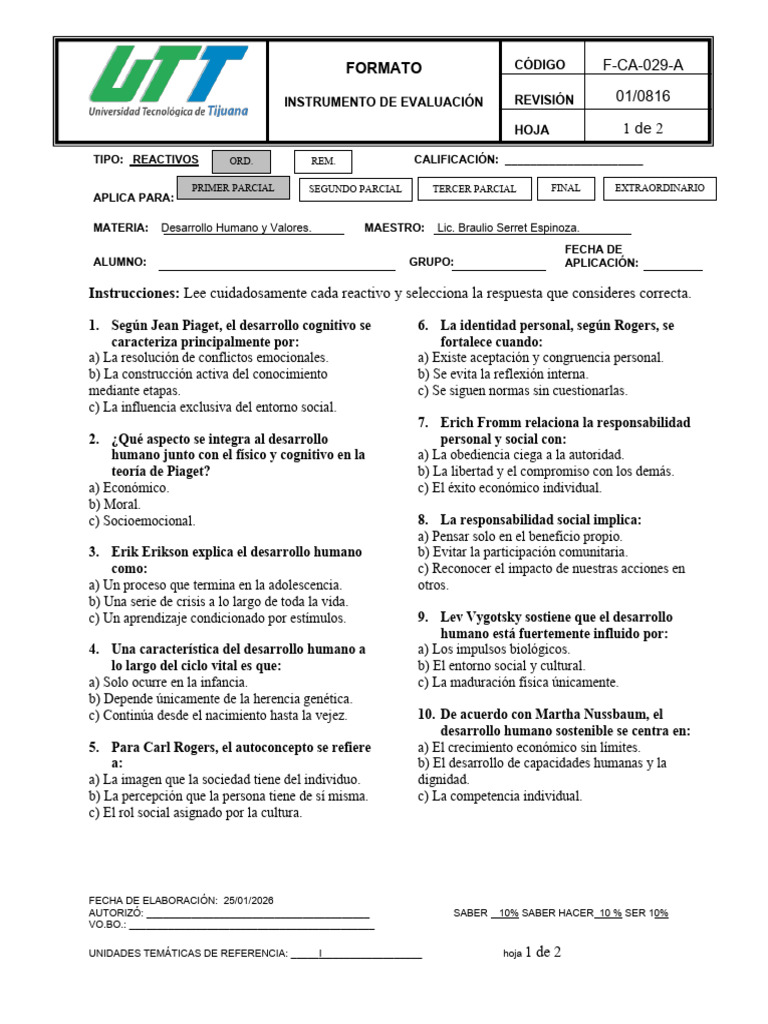 Examen 1er Parcial Desarrollo Humano | PDF | Desarrollo cognitivo ...